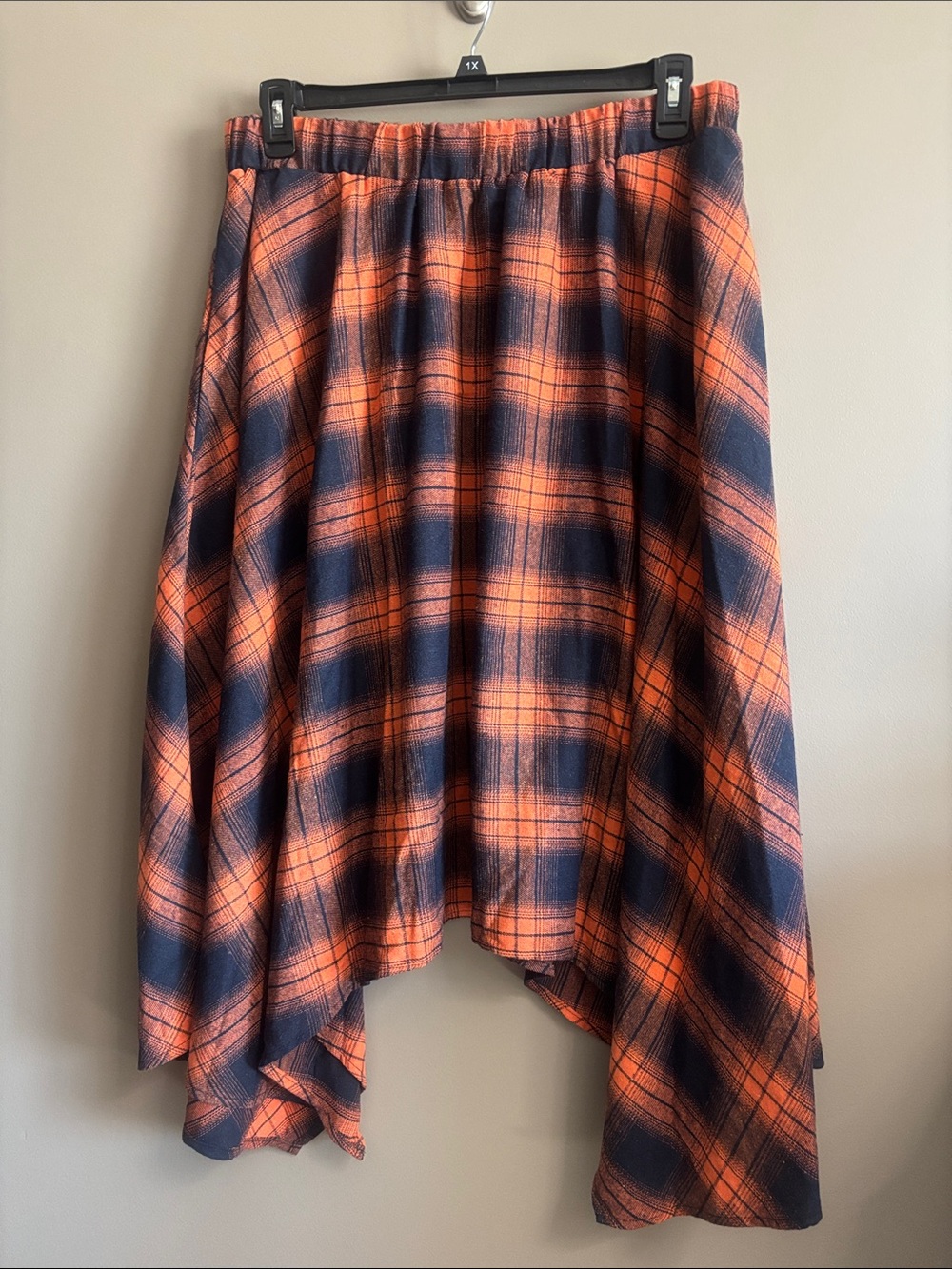 BloomChic Orange & Navy Plaid Asymmetrical Hem Skirt
